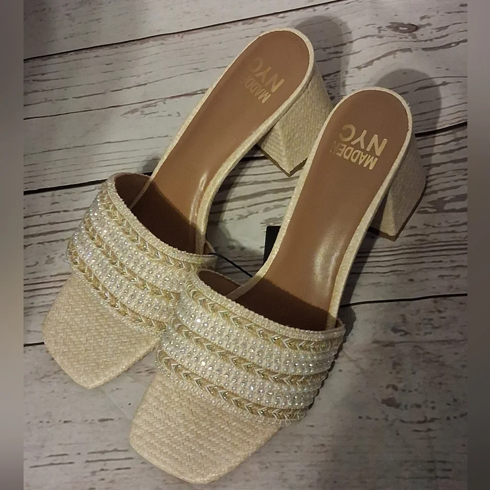 Madden NYC Heeled Slide Raffia With Faux Pearls And Rhinestones Size 11